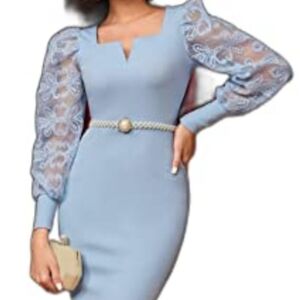 Chic Light Blue Lace Sleeve Dress